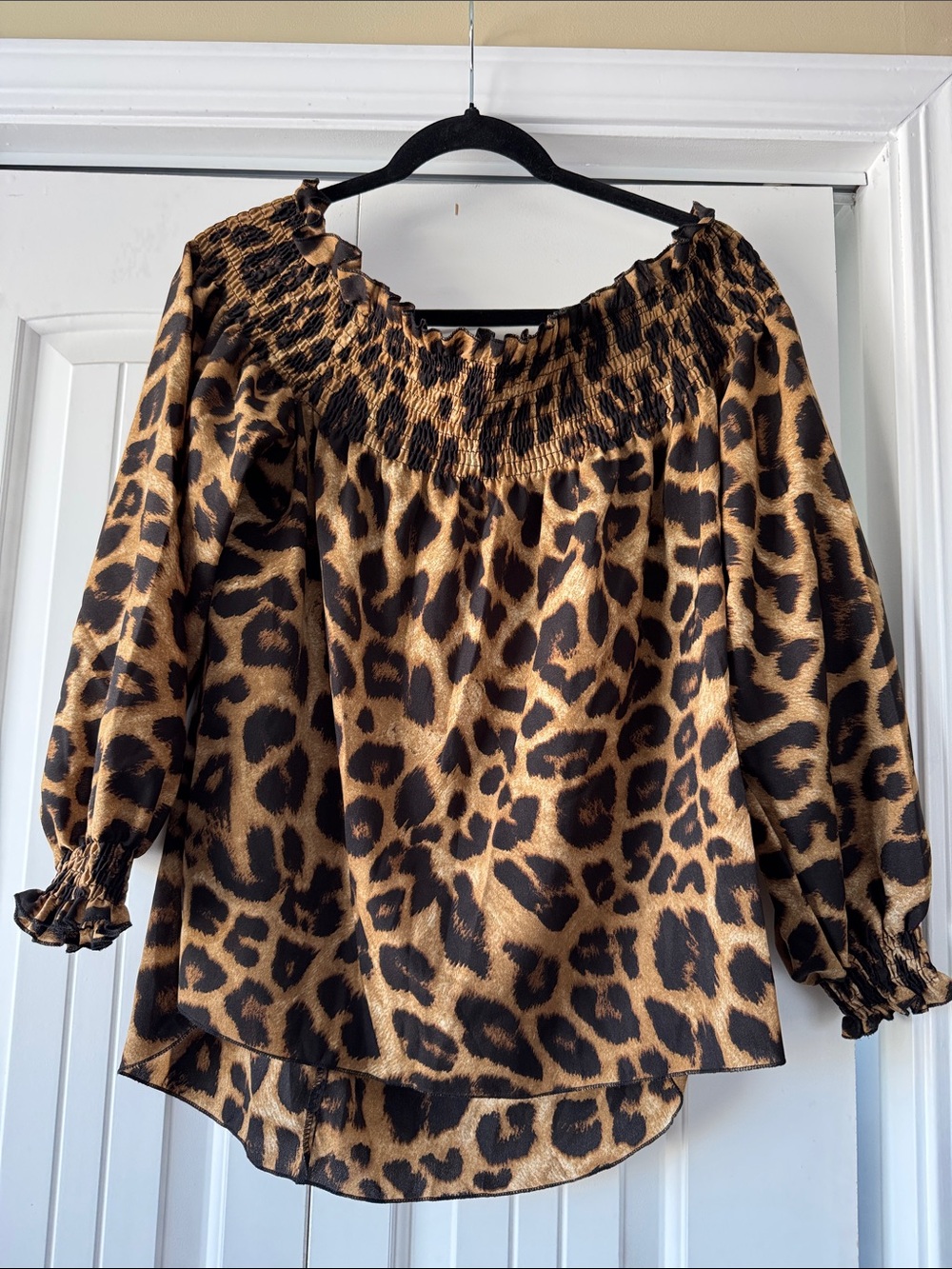 SHEIN Brown and Black Leopard Off-Shoulder Smocked Blouse